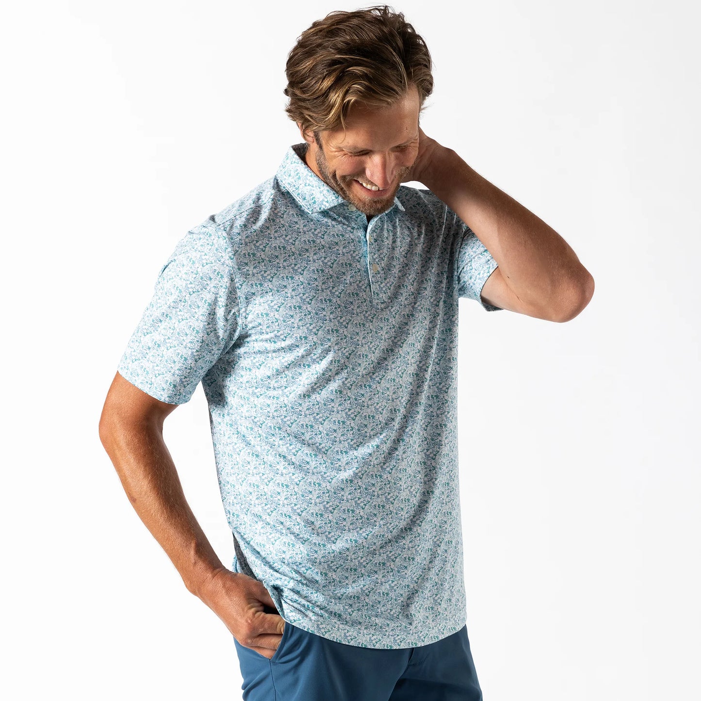 Duckhead - Long Drive Performance Polo - Canopy Floral Print - Pastel Blue