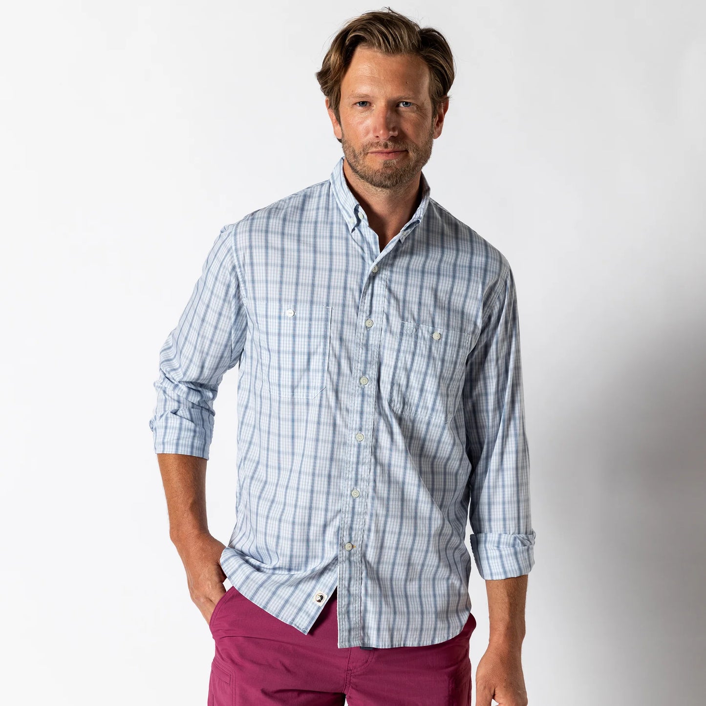 Duckhead - Long Sleeve Performance Poplin Guide Shirt - Dover Plaid - Light Blue