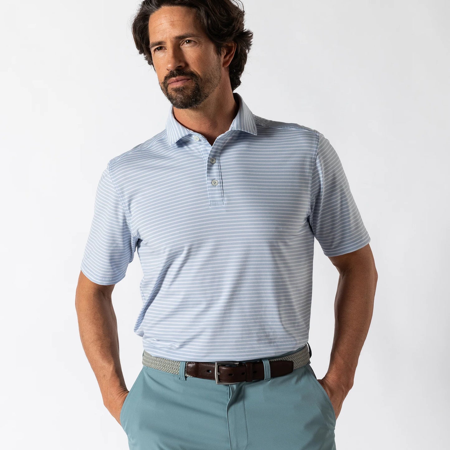 Duckhead - Long Drive Performance Polo - Davis Stripe - Light Blue