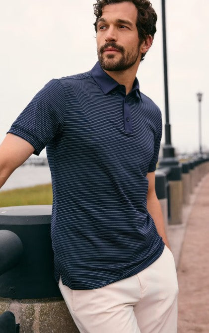 Mizzen + Main - Versa Short Sleeve Polo - Navy Lavender Stripe