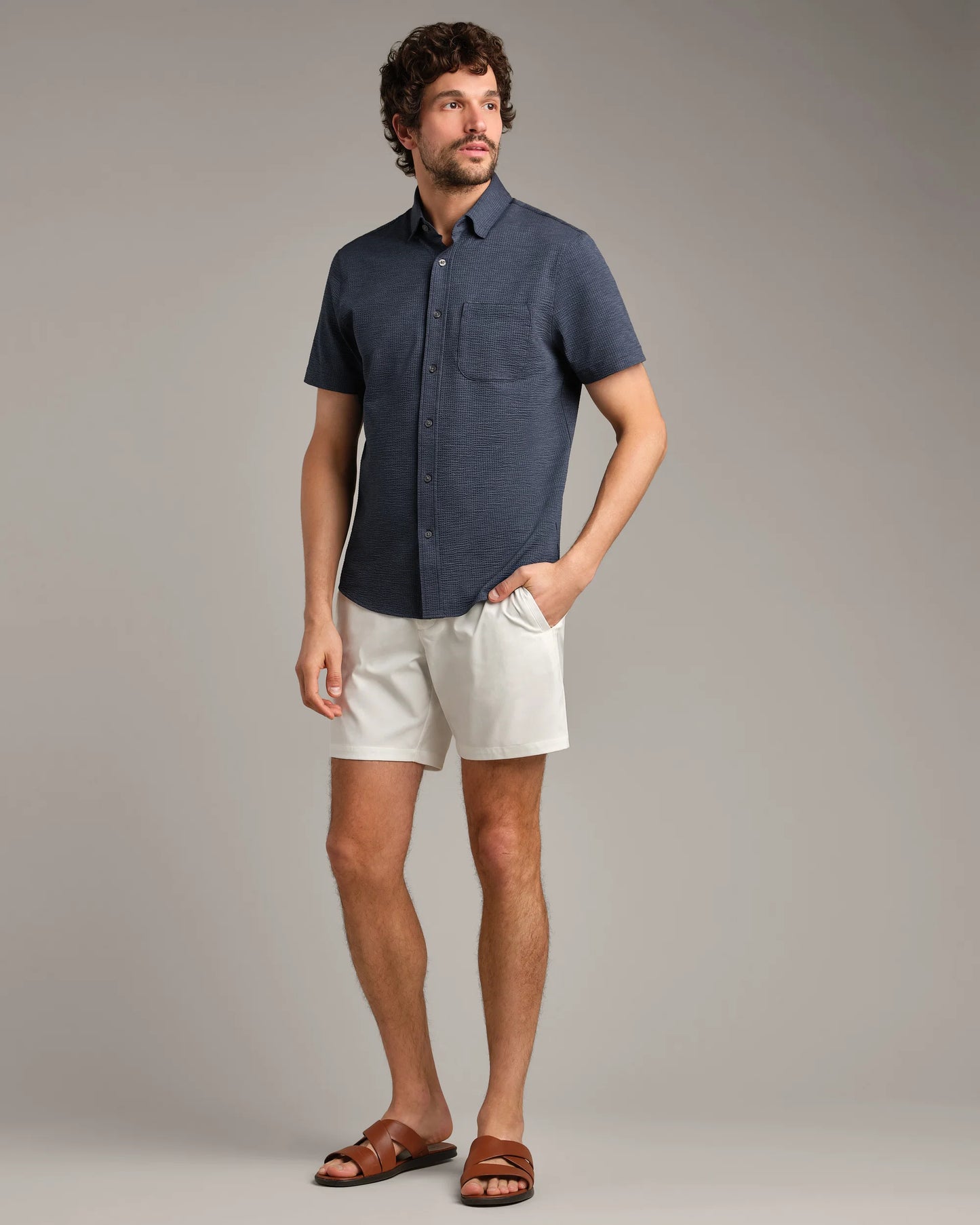 Rhone - Commuter Seersucker Short Sleeve Button Down - Navy Chambray