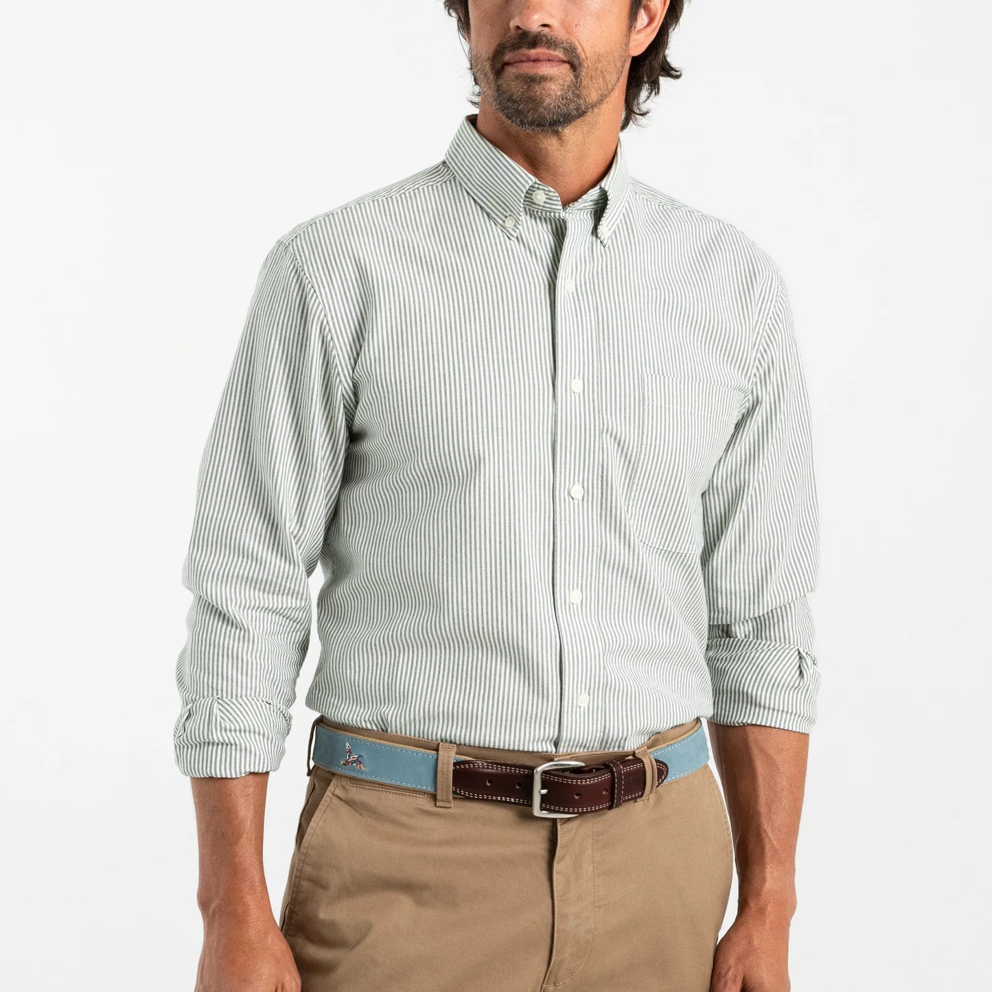 Duck Head - Long Sleeve Cotton Oxford Collins Stripe Shirt -Pine Green