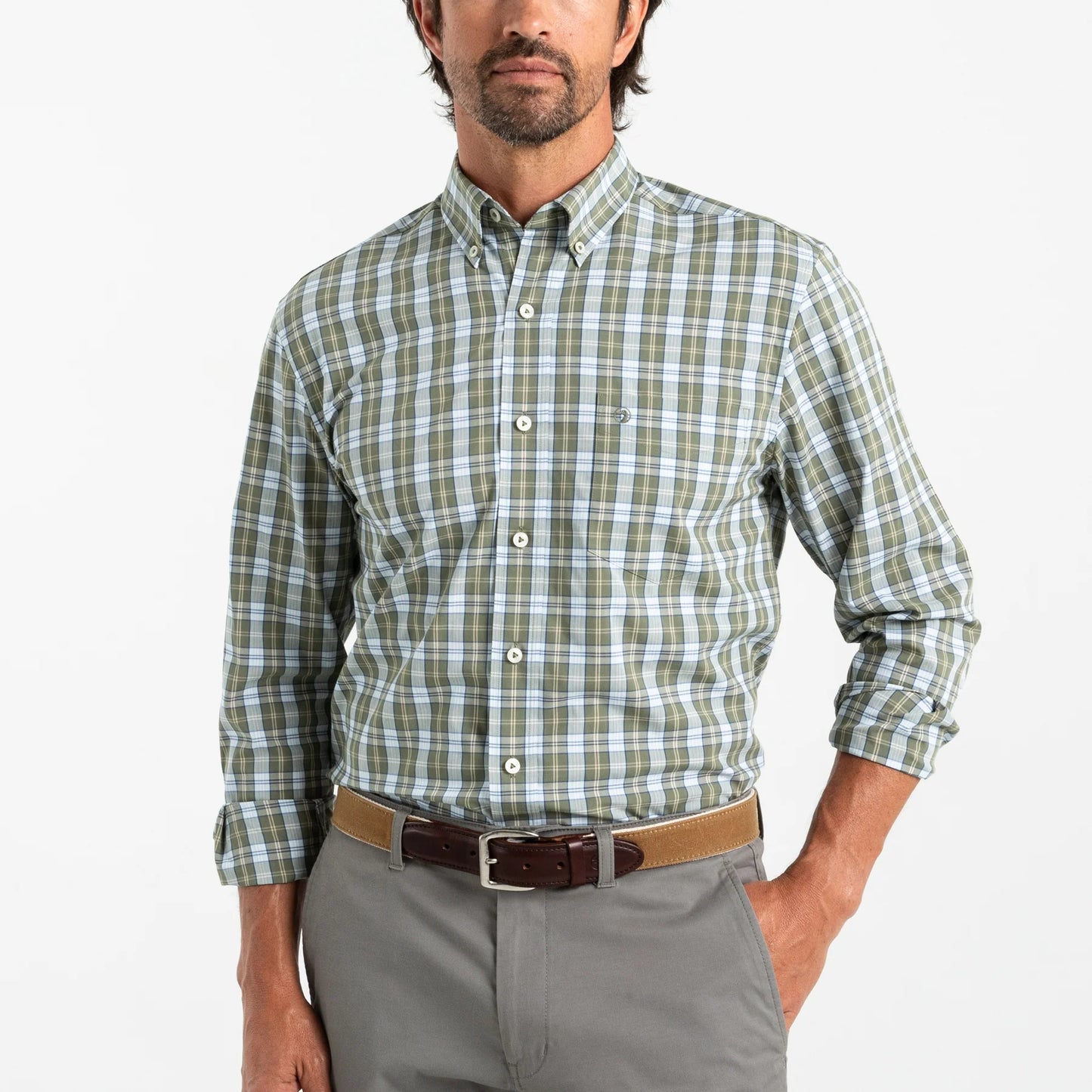 Duck Head - Long Sleeve Performance Poplin Shirt - Wester Plaid - Deep Lichen Olive