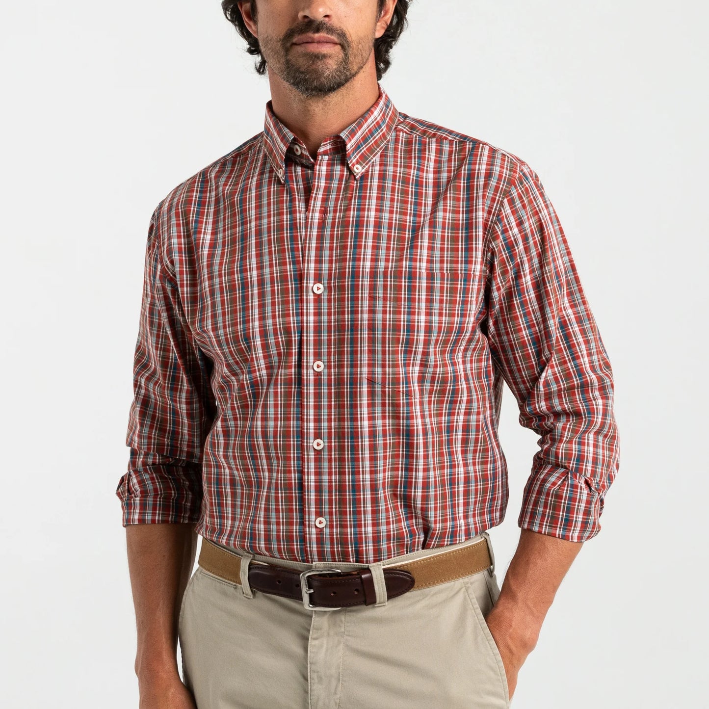 Duck Head - Long Sleeve Cotton Poplin Shirt - Watkins Plaid - Red Ochre