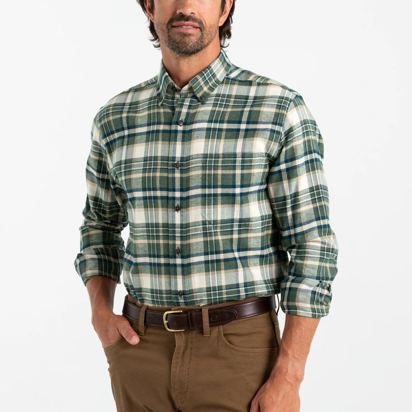 Duck Head - Long Sleeve Cotton Flannel Shirt - Stoker Plaid - Pine Green Heather