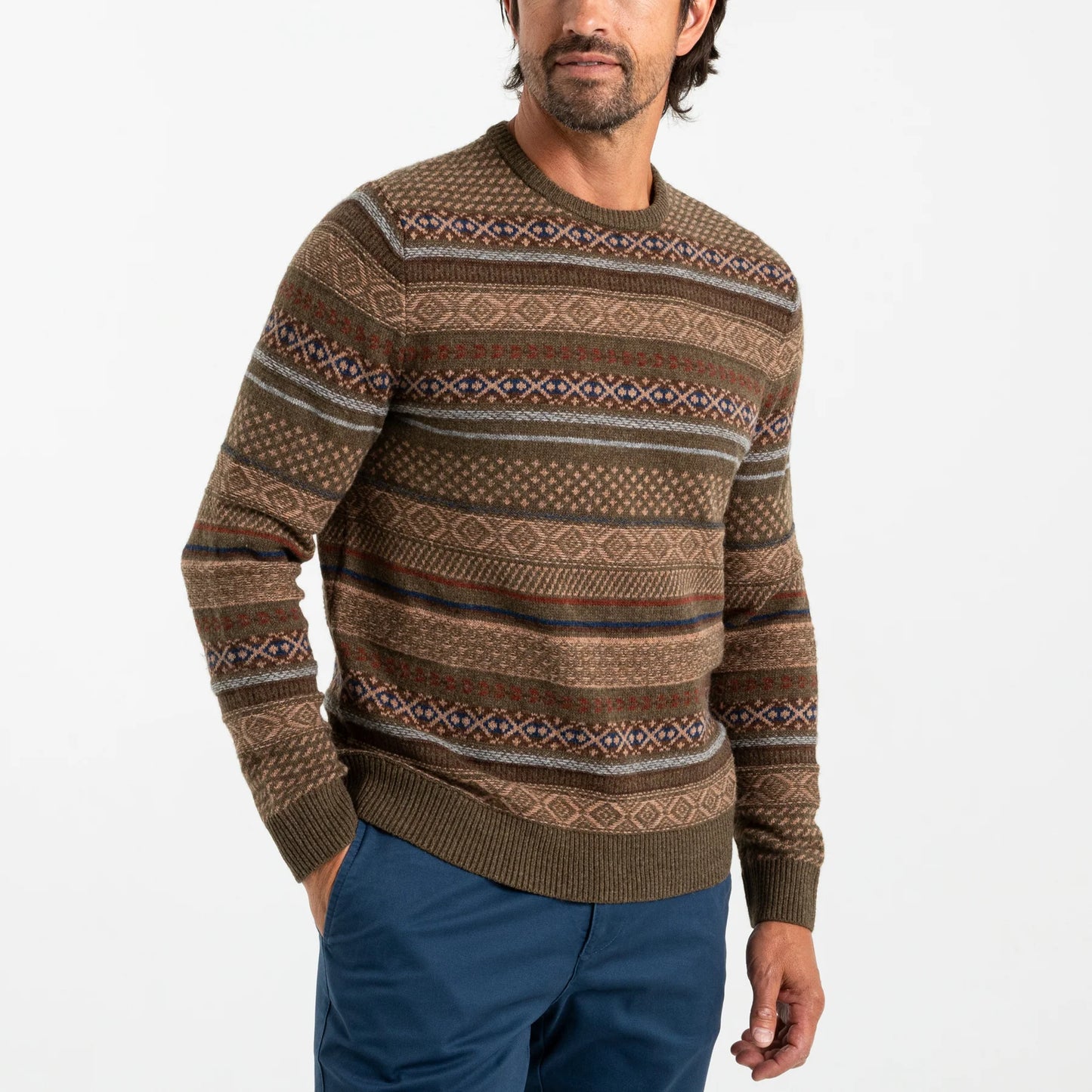 Duck Head - Birch Fair Isle Merino Crewneck Sweater - Olive Pine Heather