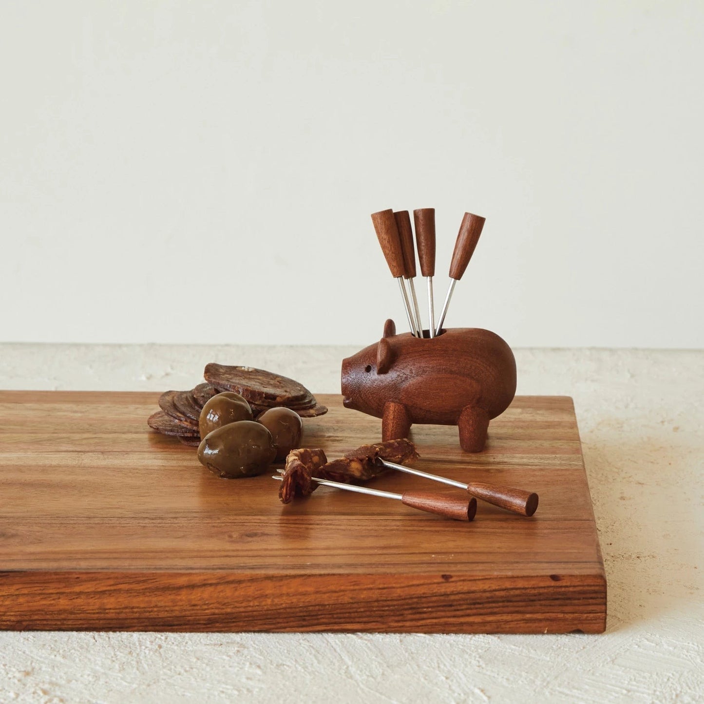 Wood Pig Shaped Holder - 6 Appetizer Forks