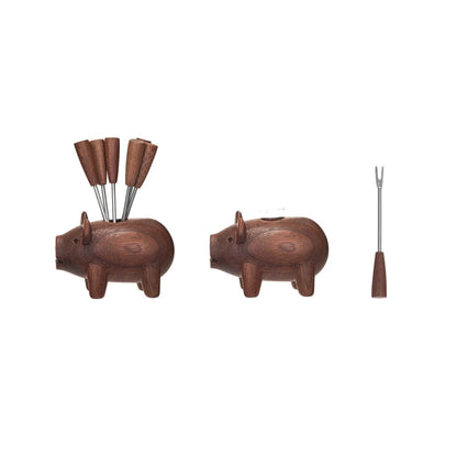 Wood Pig Shaped Holder - 6 Appetizer Forks