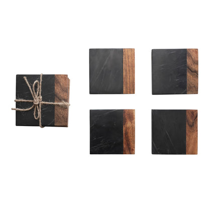 Marble & Acacia Wood Coasters - Black & Natural