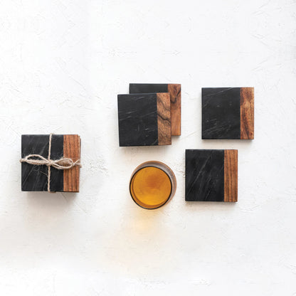 Marble & Acacia Wood Coasters - Black & Natural